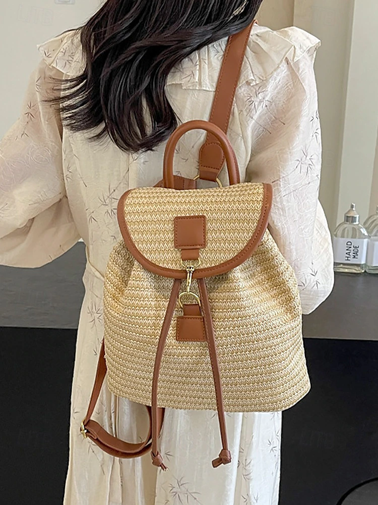 Straw Backpack for Women – Boho Woven Rattan Travel Bag with Leather Straps, Chic Summer Beach Rucksack, Casual Vacation & Daily Use Handbag White Pink Brown